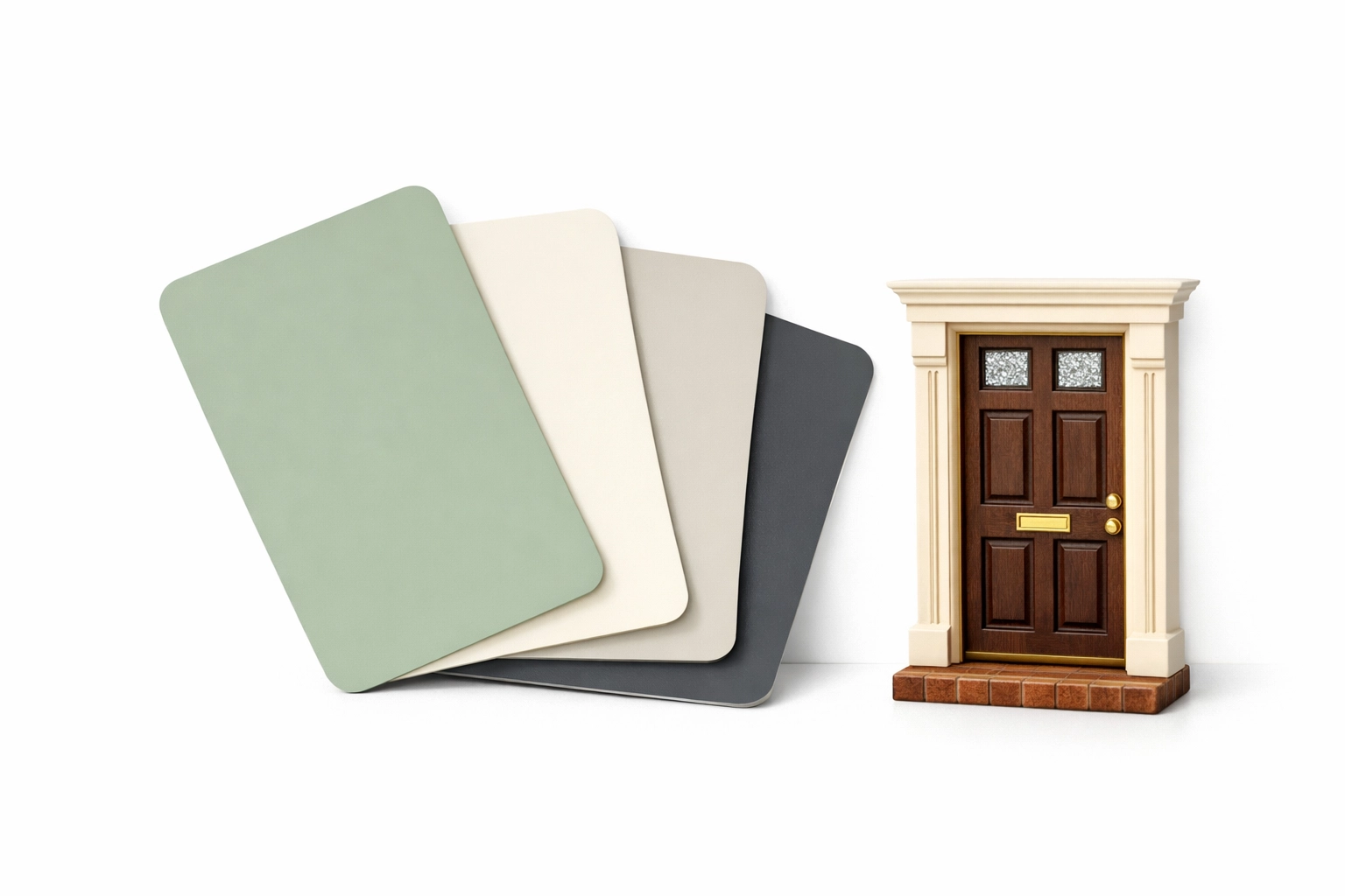 Modern paint swatches and a miniature door showing colour capping trends for Gloucestershire homes.