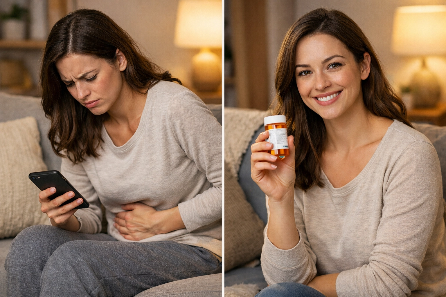 Woman experiencing UTI discomfort at home then relieved after receiving antibiotic treatment