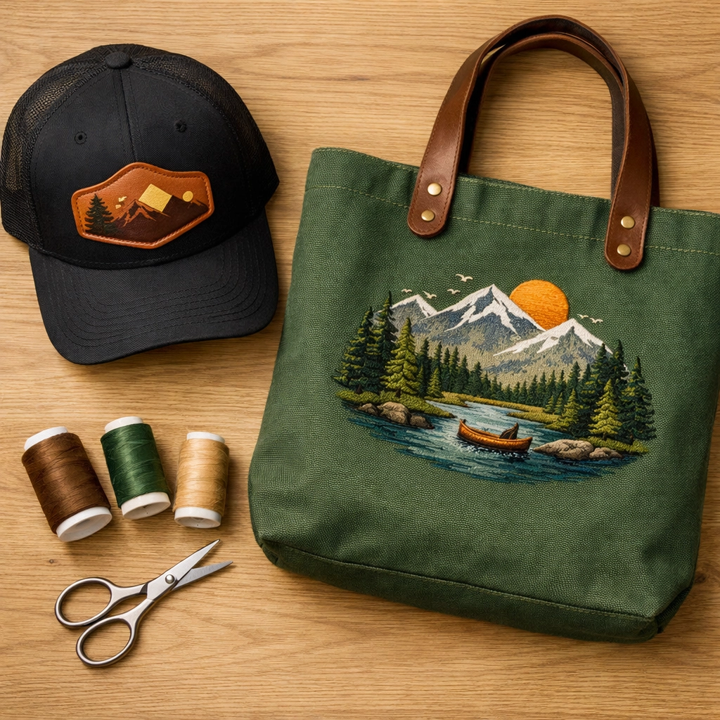 Professional custom leather patch hat and embroidered canvas tote bag featuring premium branding details.