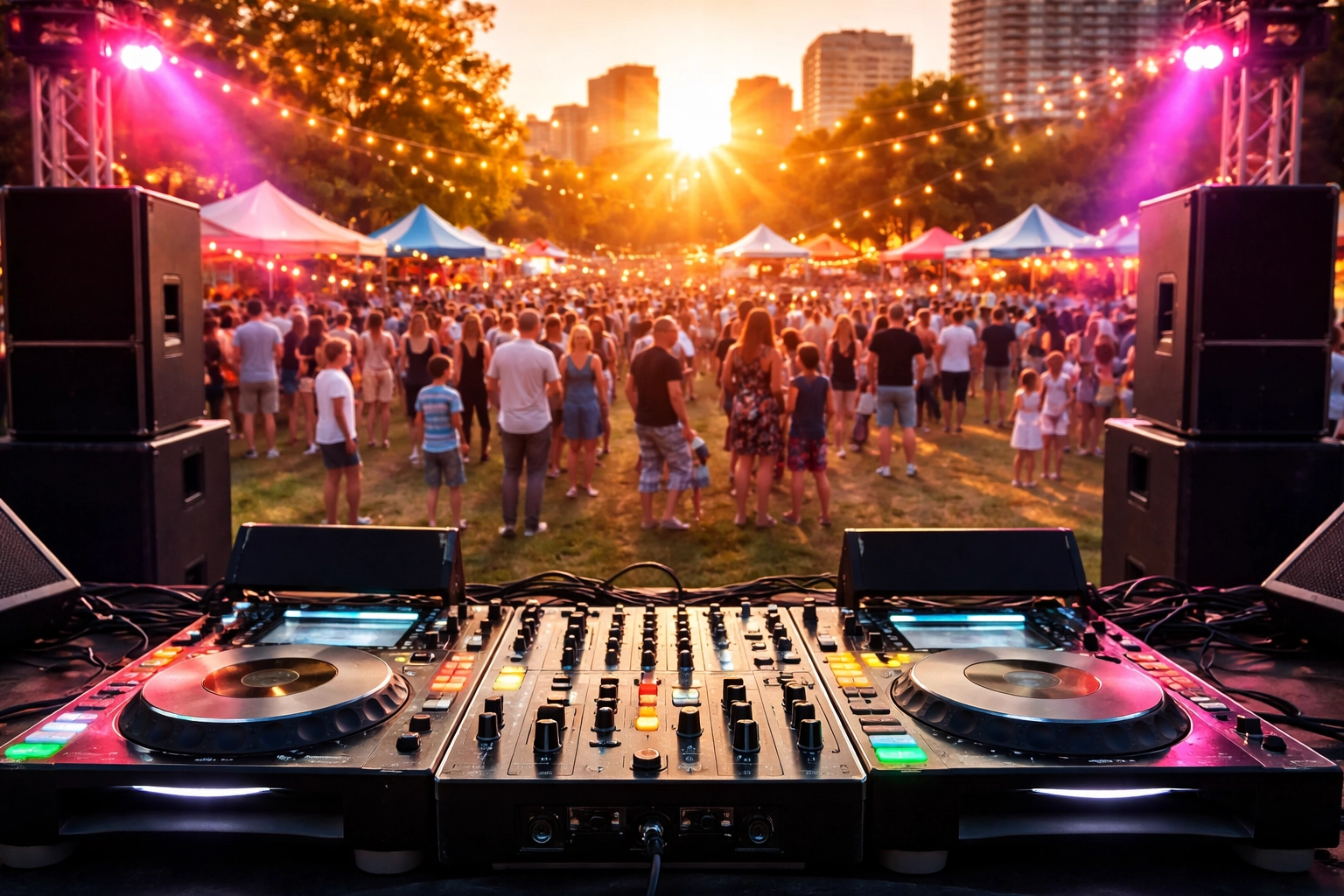 DJ booth at a lively city festival with families dancing and vibrant stage lighting, highlighting community event entertainment
