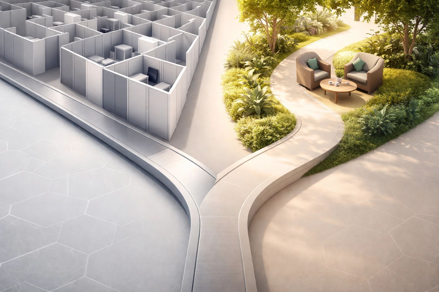 Overhead view of two diverging paths, representing executives' choice between national brokerages and independent RIAs