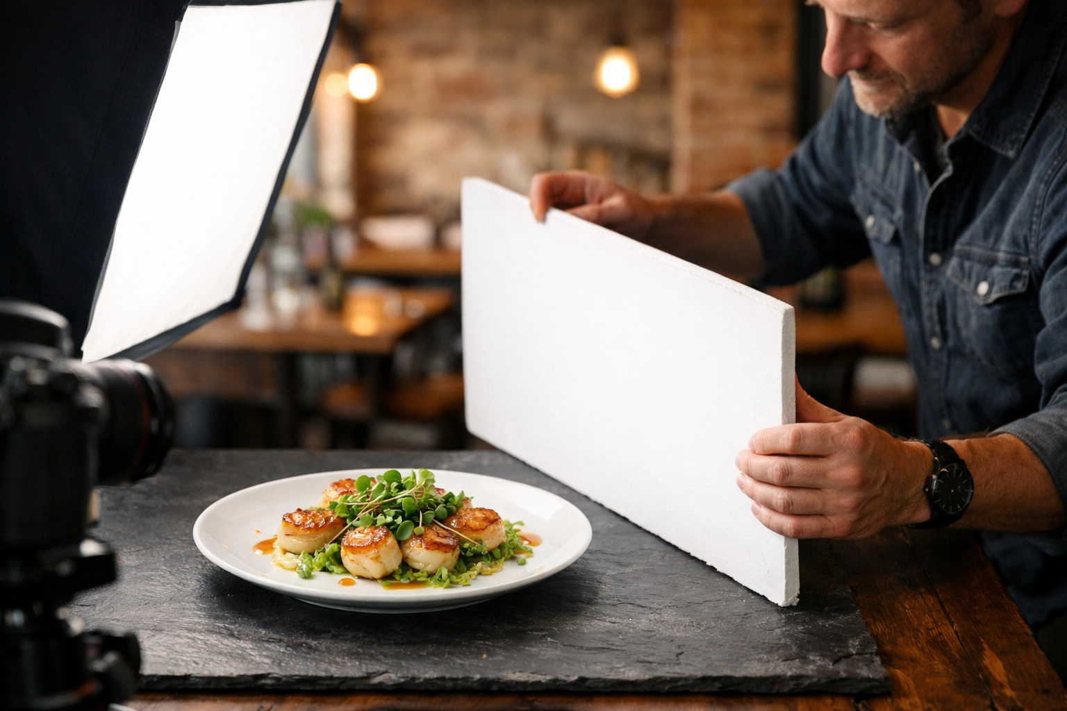 A professional food photography setup in a restaurant, demonstrating high-end services for local clients.