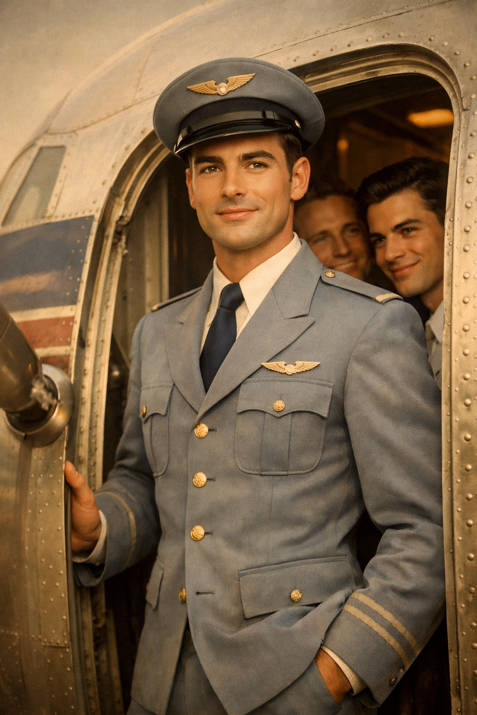 1950s male flight attendant in elegant light blue uniform from aviation's golden age