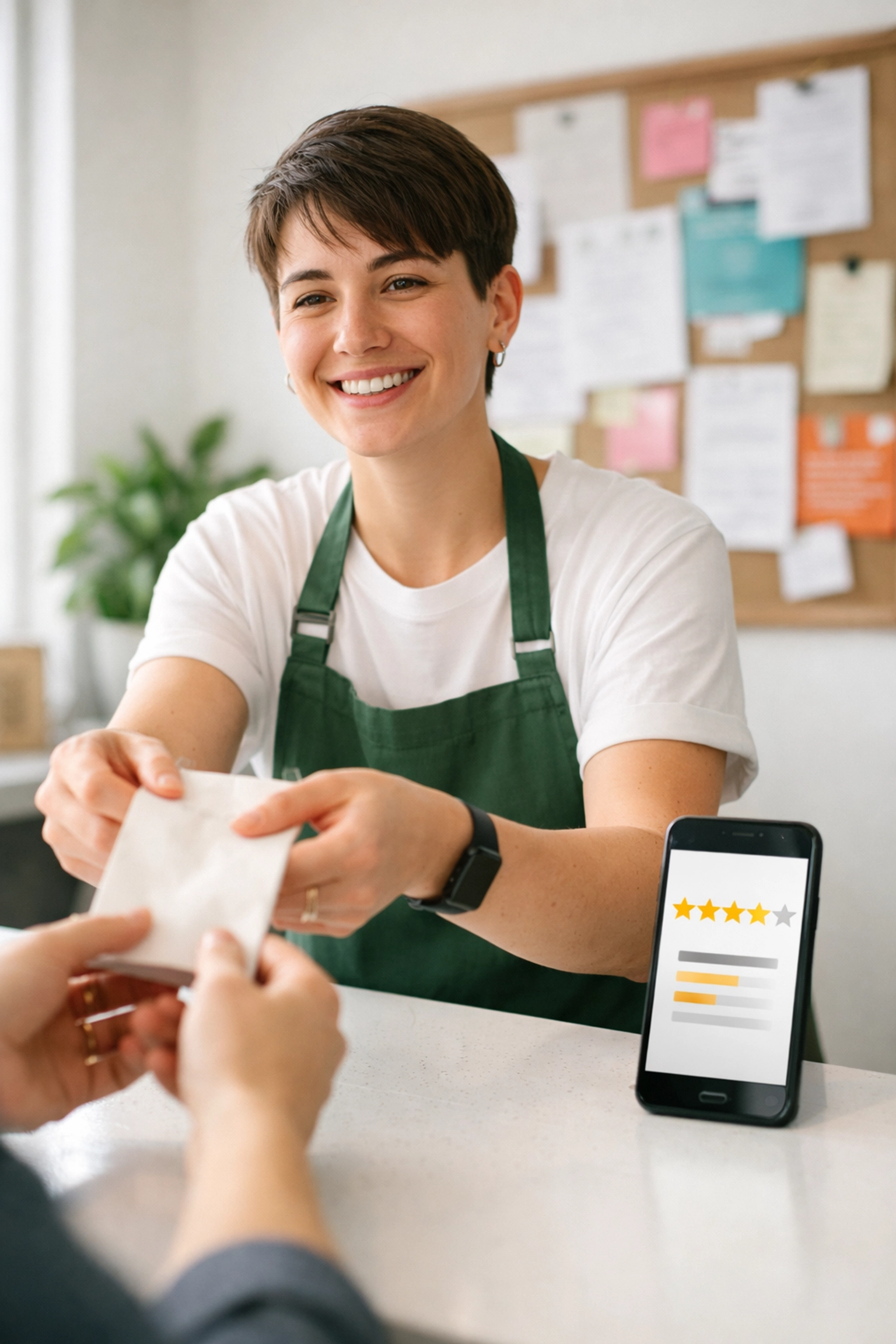 Local business owner interacting with a customer while collecting reviews to build community trust and reputation.