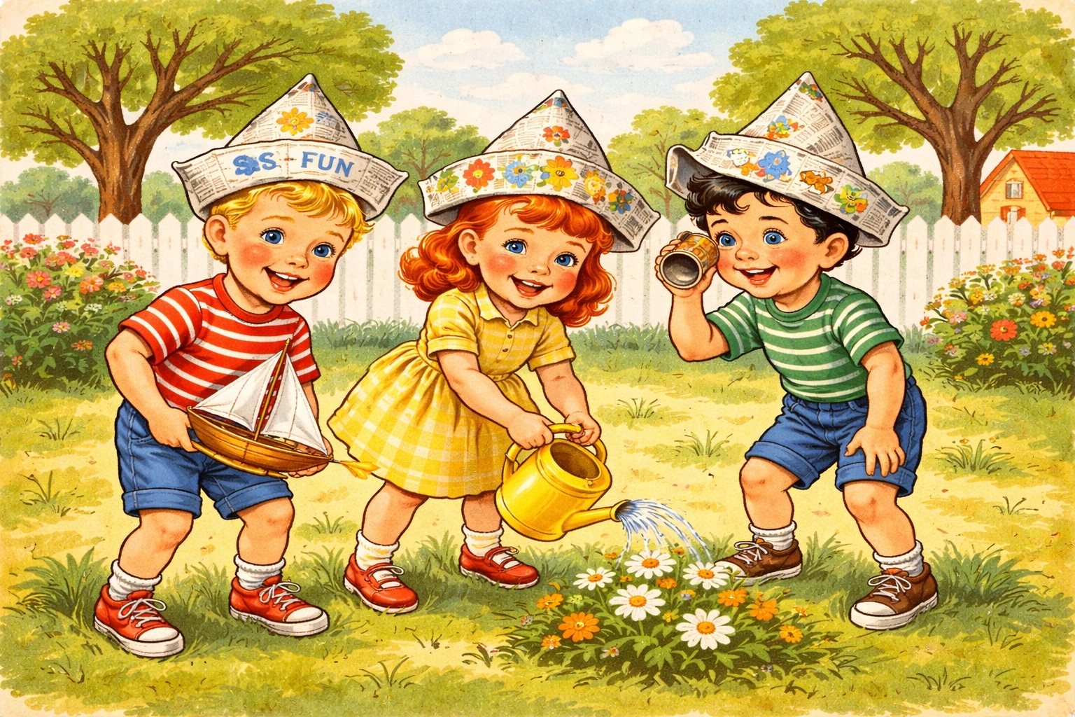 Children wearing colorful handmade newspaper hats while playing outside in a sunny backyard