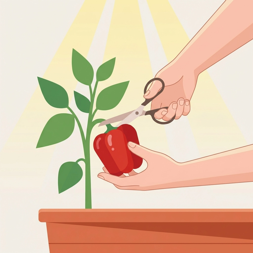 Gardener harvesting a ripe red bell pepper from a raised bed for optimal crunch and freshness.