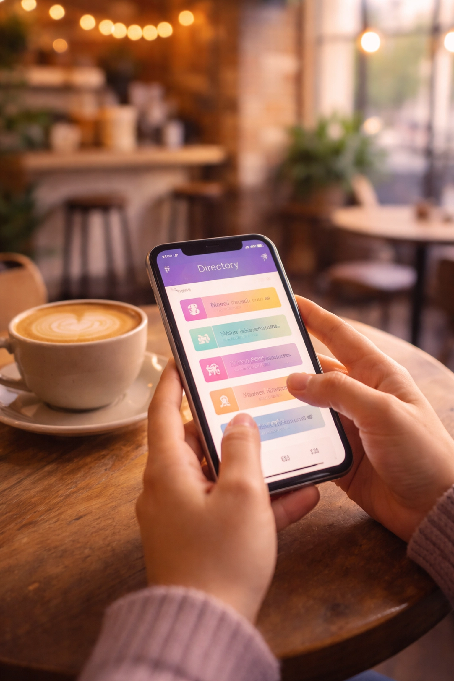 Hands scroll a smartphone LGBTQ business directory at a cozy café, emphasizing finding trans-affirming resources easily.