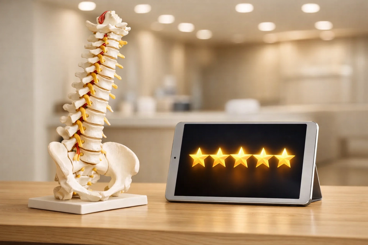 Anatomical spine model and five-star patient reviews on a tablet highlighting clinic authority and trust.
