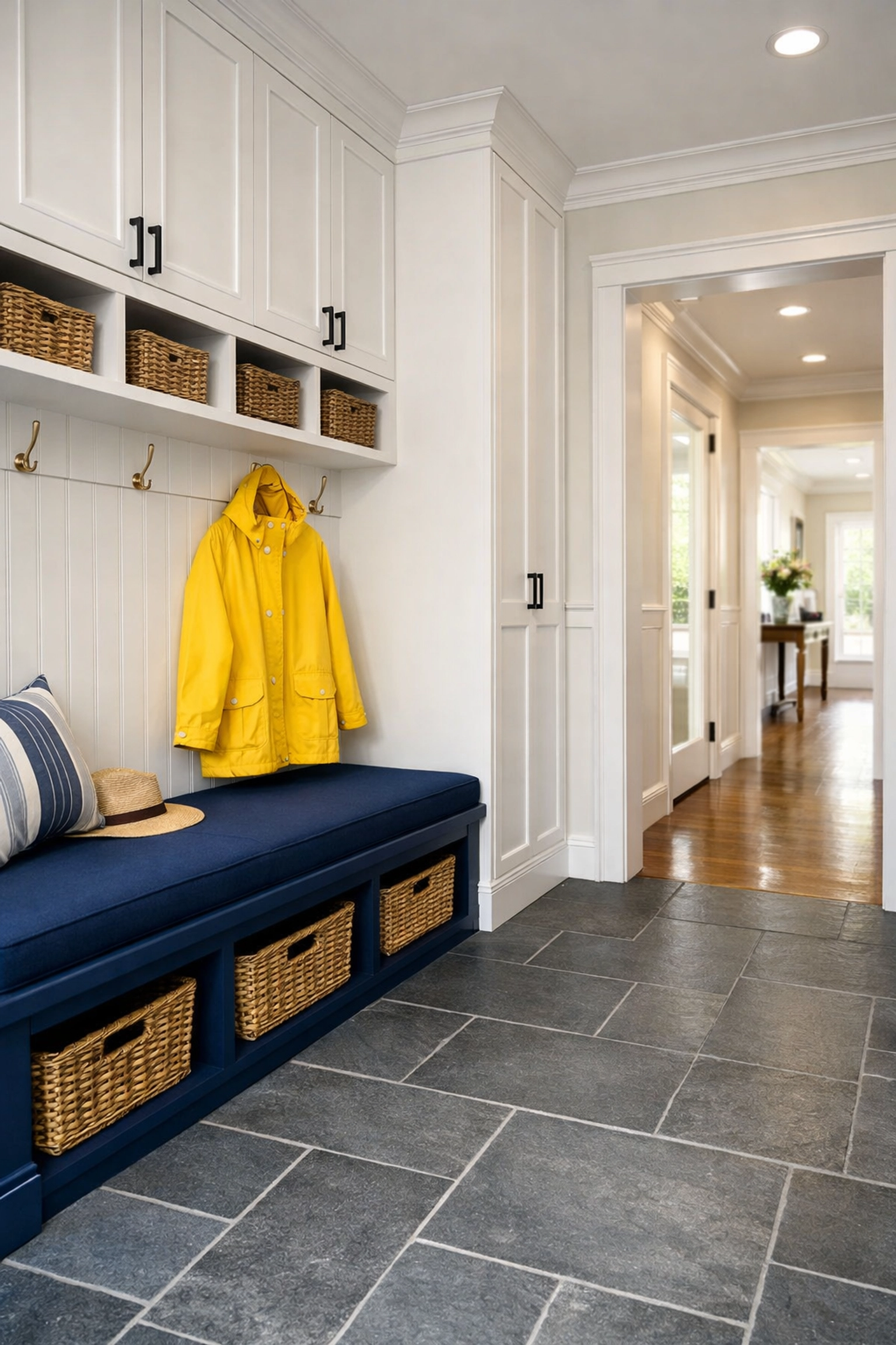Spotless mudroom with slate floors and white cabinetry reflecting local house cleaning Ashburnham MA expertise.