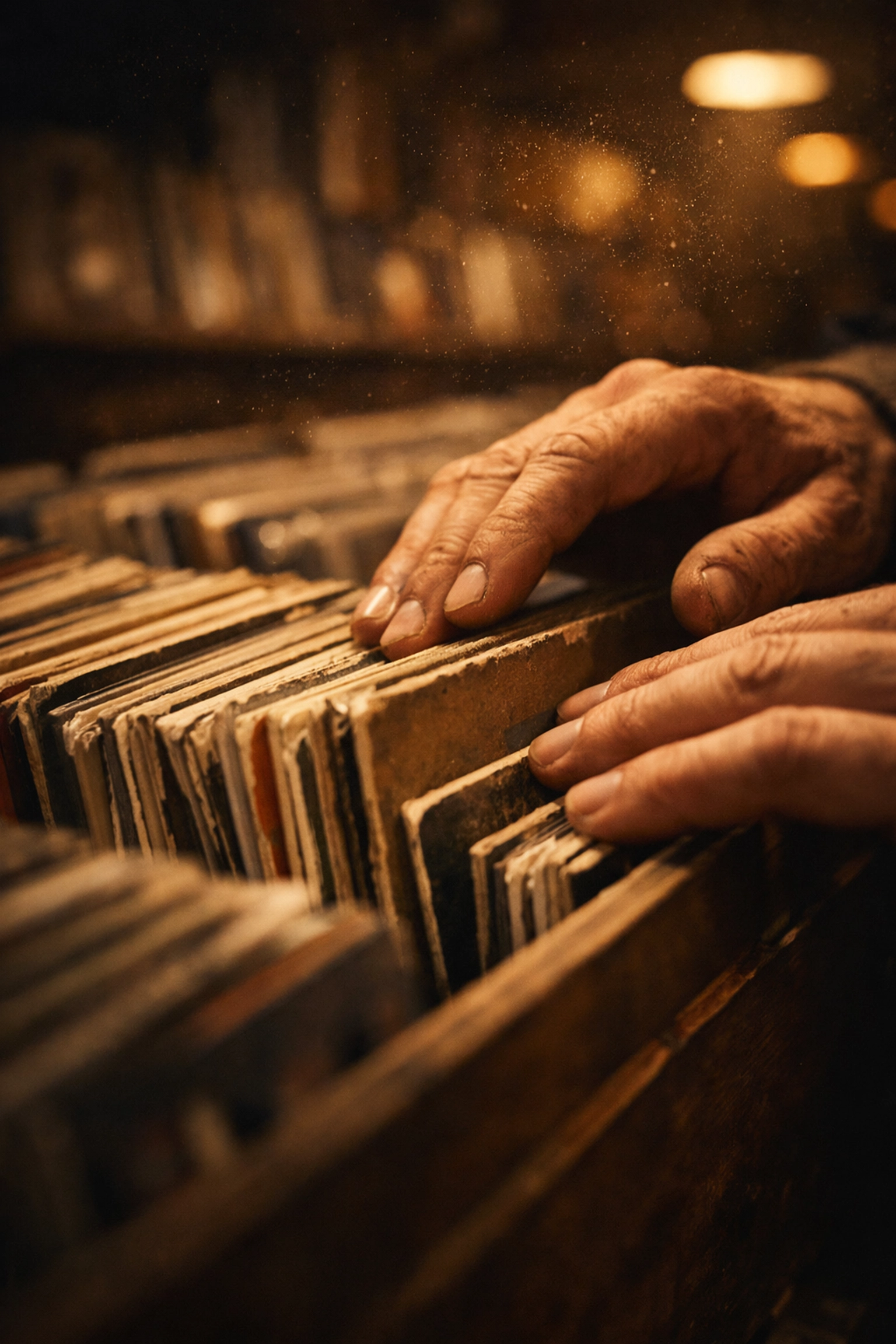 Hands flipping through vinyl records in wooden bins at record store