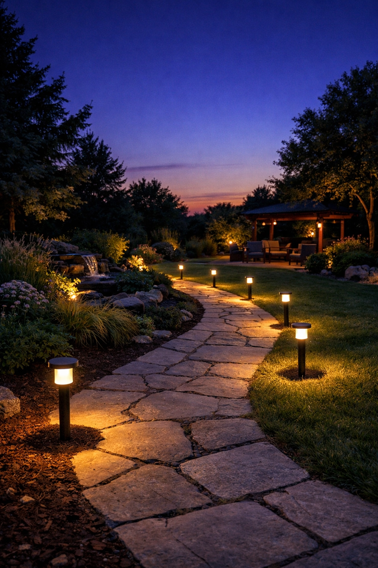 Solar-powered LED stake lights illuminating a garden walkway for safe walking at twilight.
