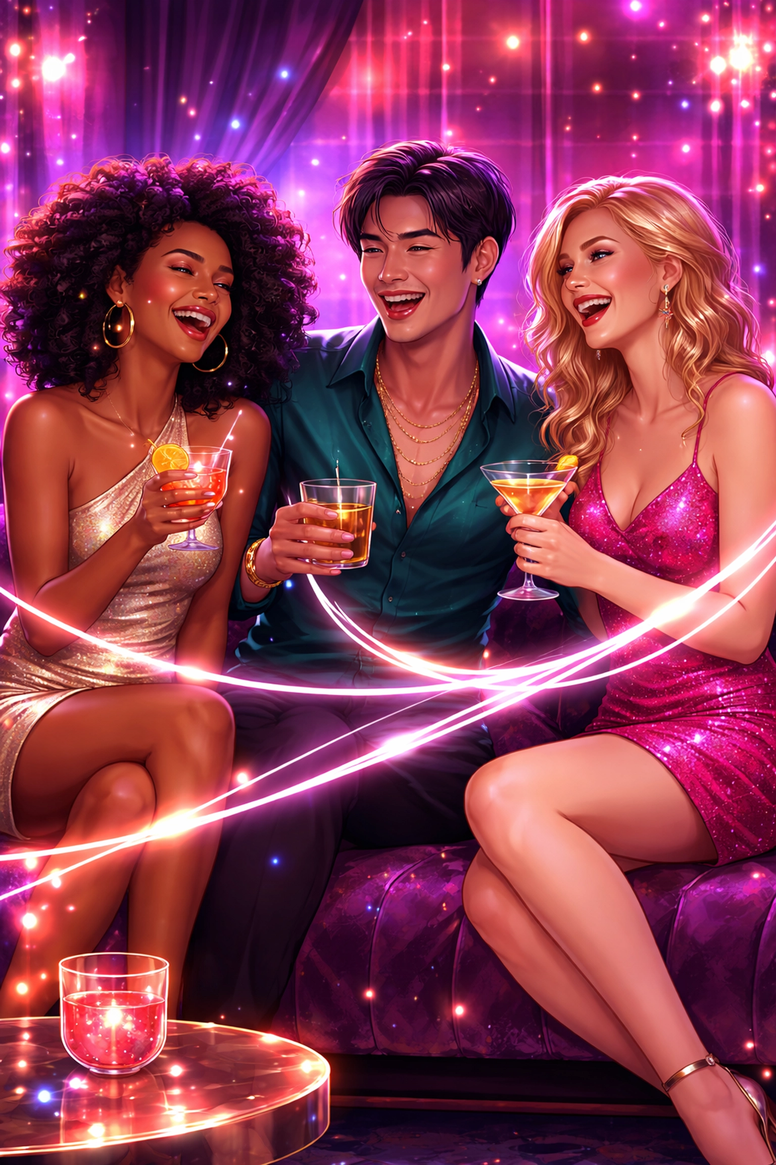 Three diverse friends relaxing on a vibrant lounge couch with neon lights, celebrating respectful relationships and metamour etiquette.