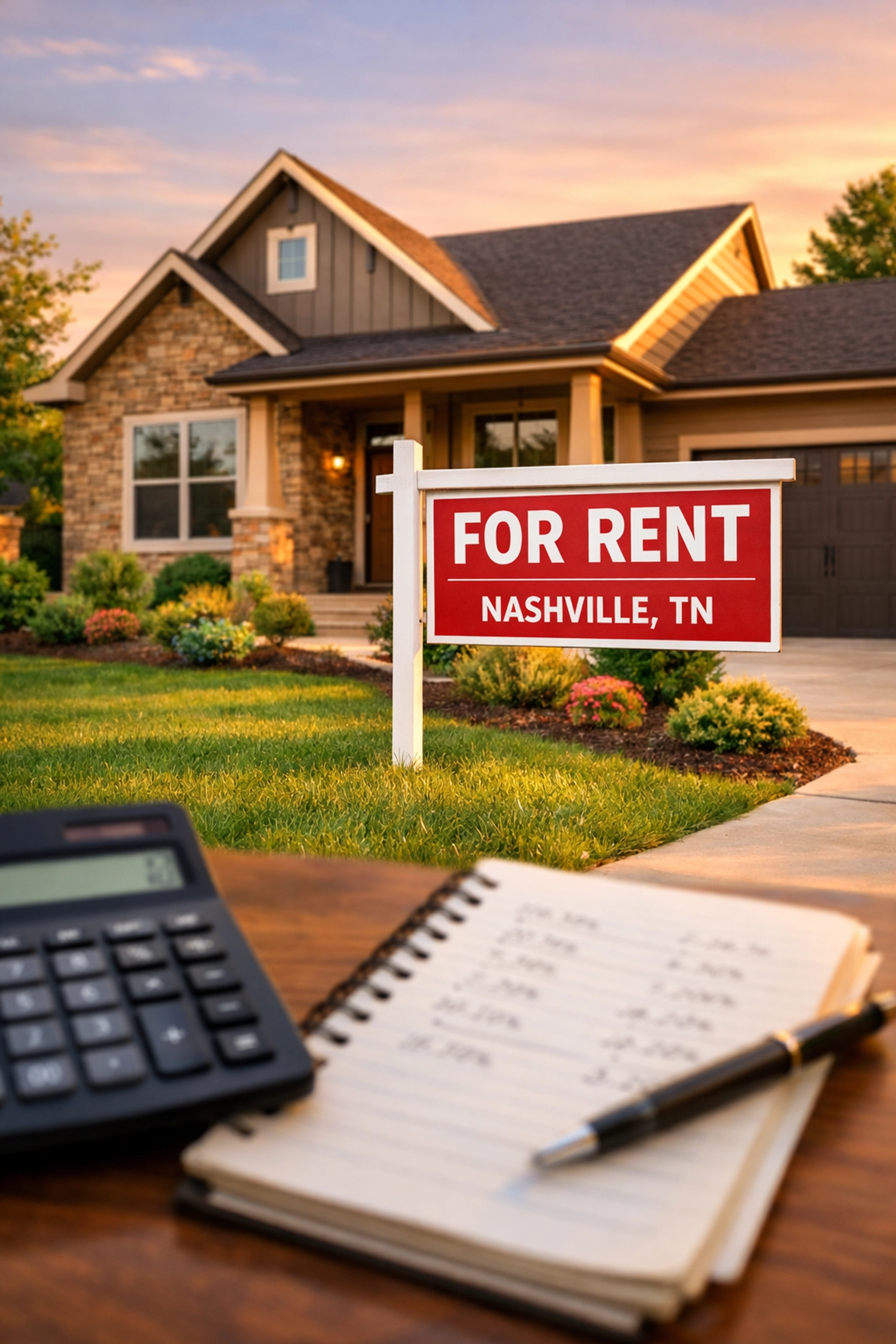 Nashville rental property with FOR RENT sign and calculator showing vacancy income calculations