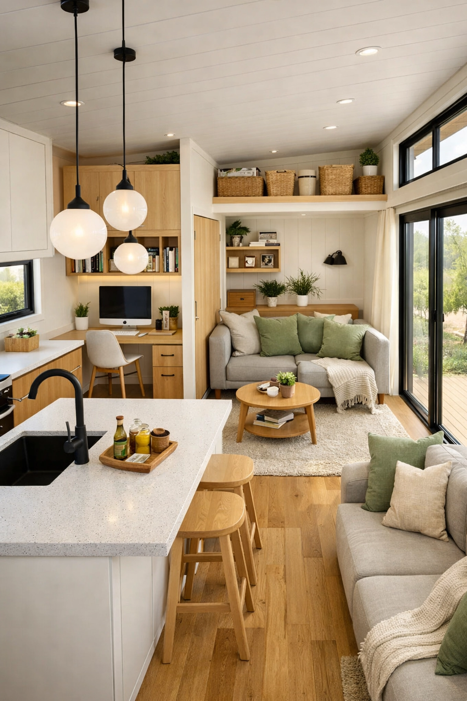 Open-plan modular home interior with kitchen island, living area, and built-in storage solutions