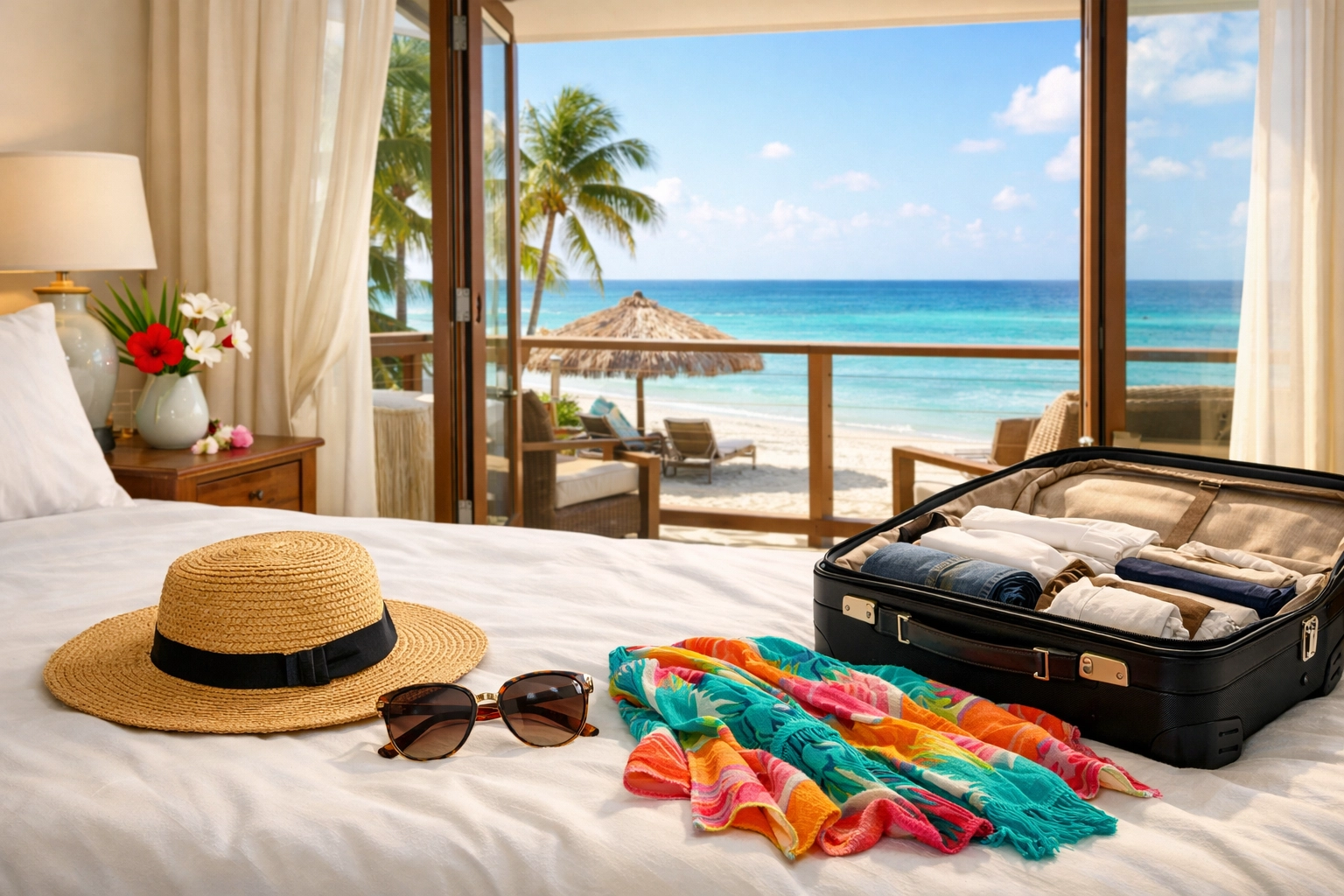 Luxury resort suite with a packed suitcase and private balcony overlooking the ocean.