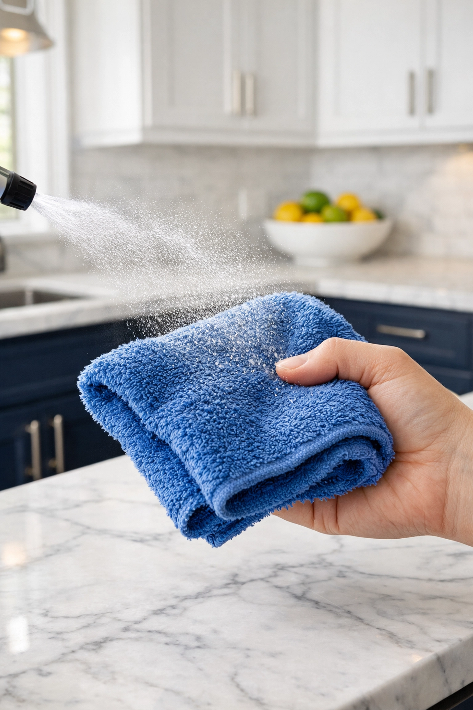 Professional house cleaning in Townsend MA showing cleaning spray applied to a microfiber cloth in a modern kitchen.