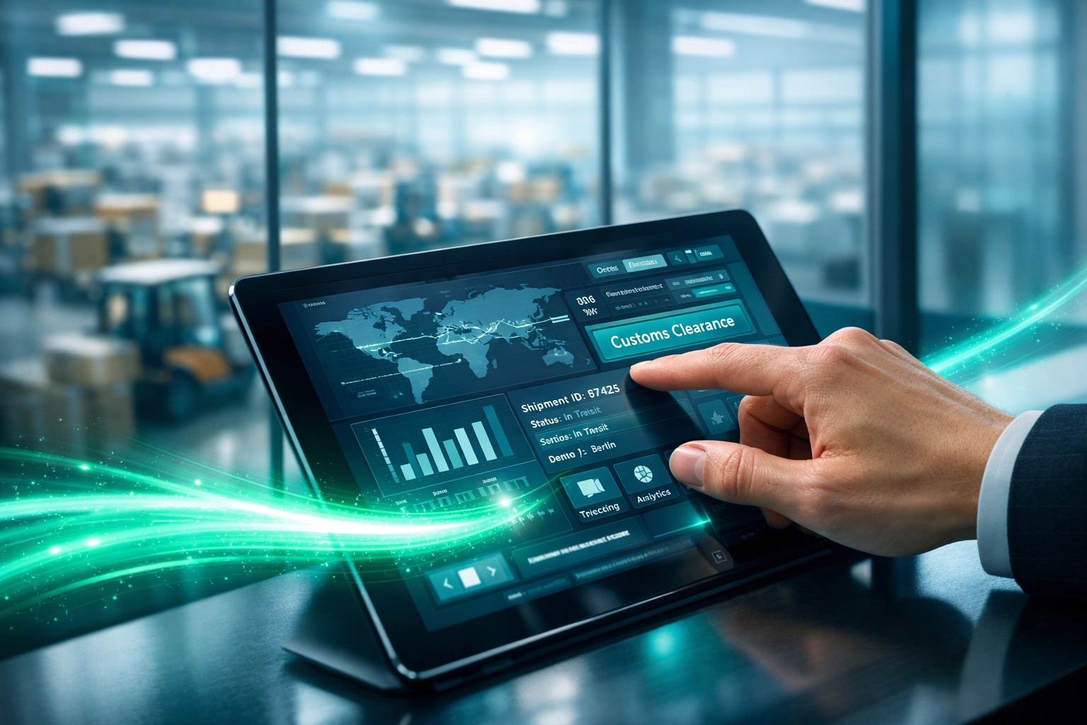 Digital logistics interface showing fast customs clearance and secure, centralized shipping documentation.