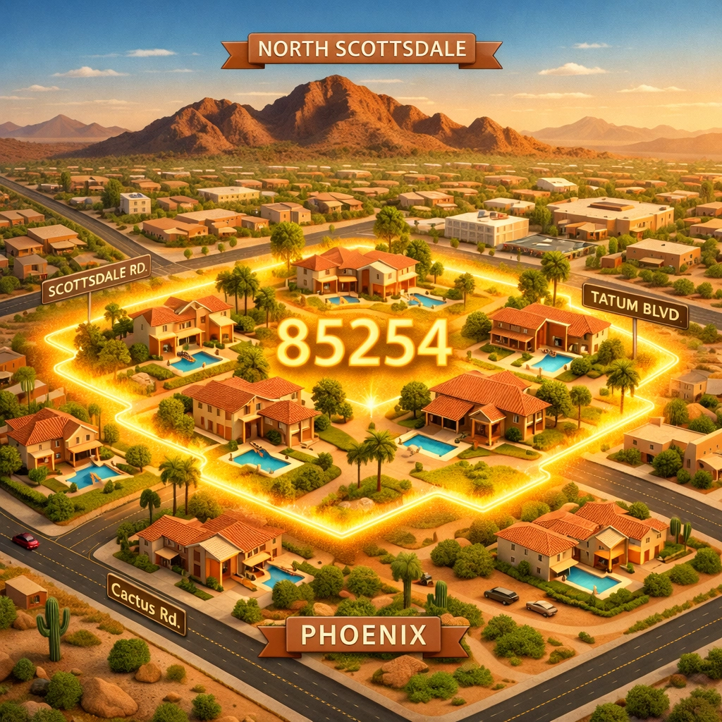 Map of the 85254 Magic Zip Code area highlighting Scottsdale luxury homes and Phoenix tax borders.