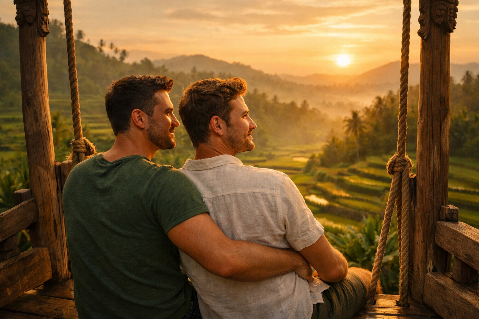 Gay couple on swing overlooking Bali rice terraces at golden hour - perfect MM romance setting