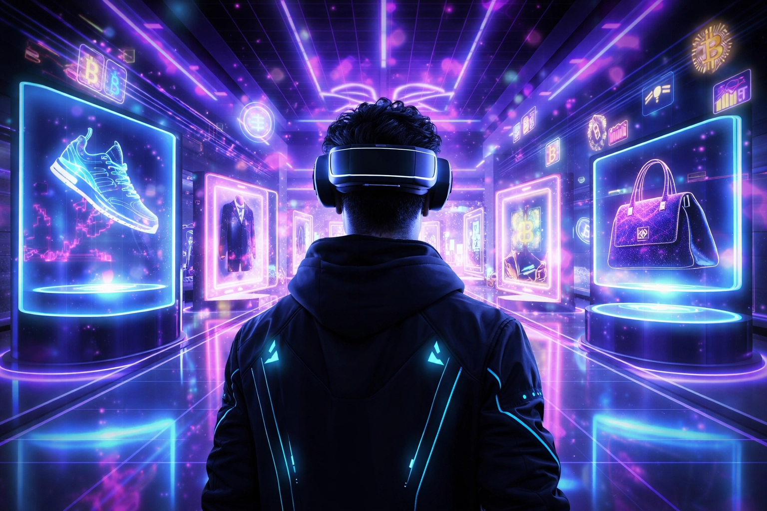 Shopper with VR headset exploring a virtual mall with digital products, highlighting metaverse shopping and NFT receipts in Larecoin’s ecosystem