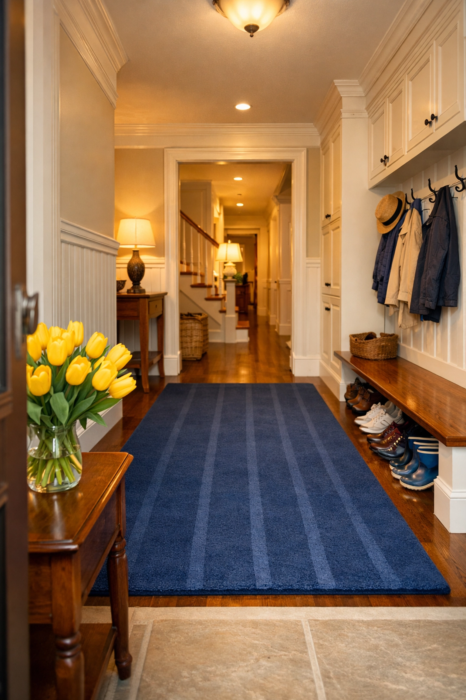 Clean and organized Andover home entryway with freshly vacuumed rugs from professional cleaners in Andover.