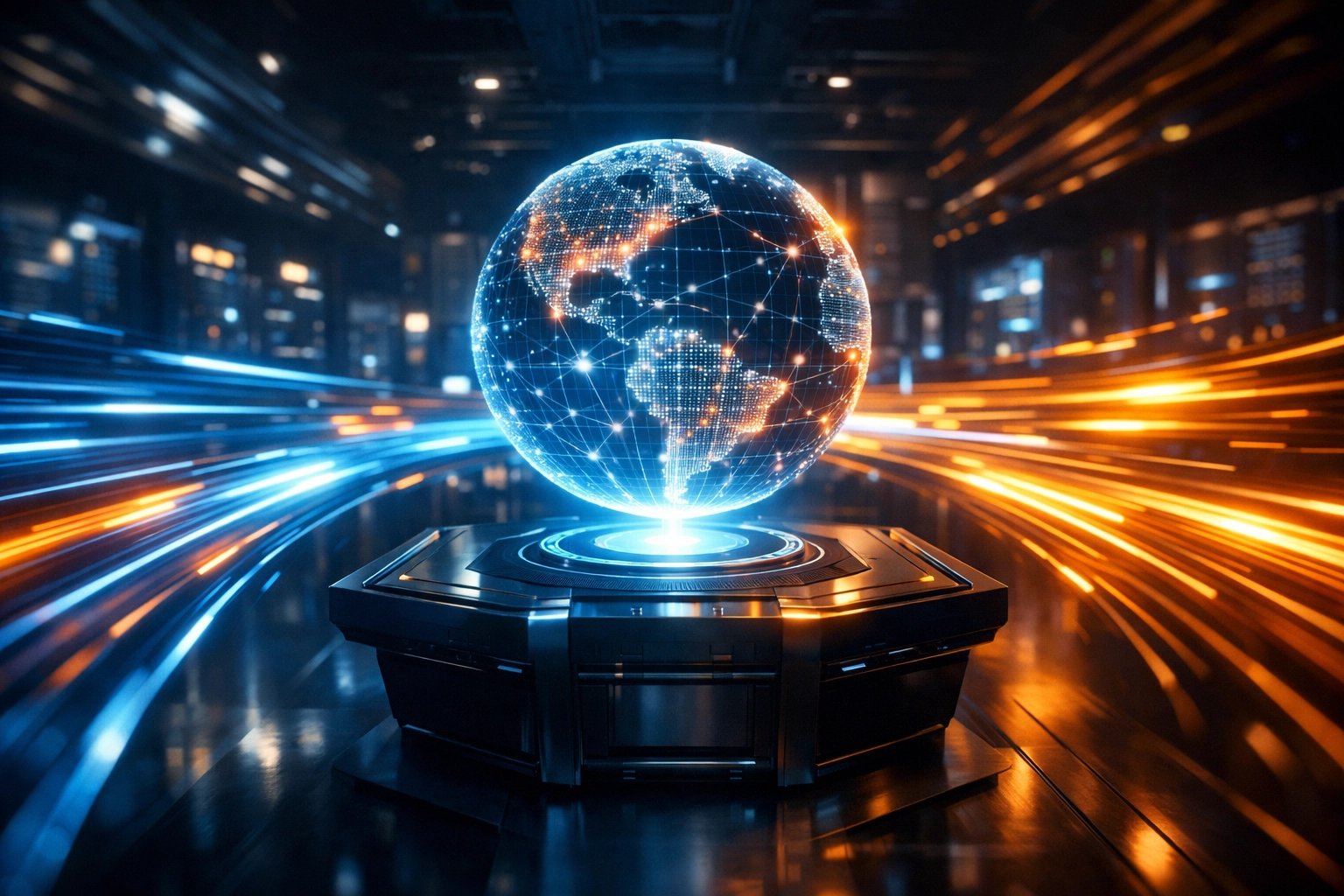 Futuristic holographic data hub representing high-speed cloud infrastructure and AWS certification skills.