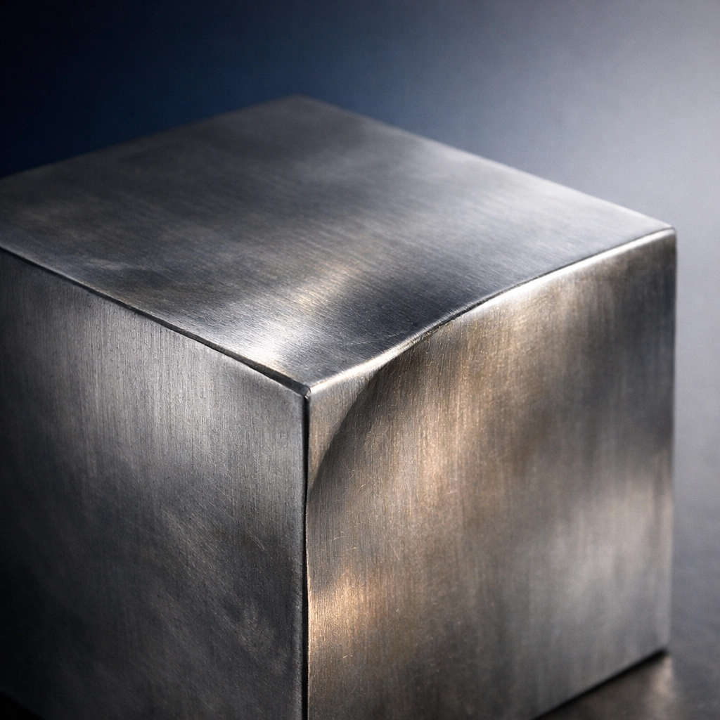 Minimalist steel cube sculpture with hidden curves symbolizing coded queer artistic meaning