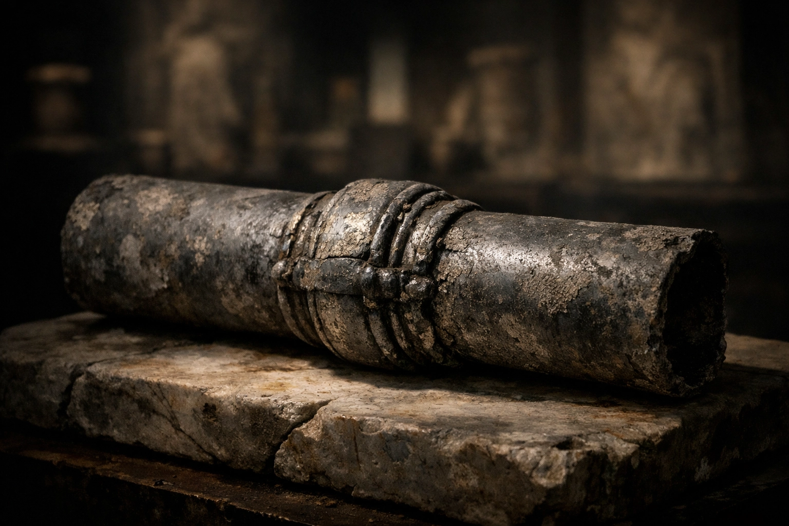 Ancient Roman lead pipe on marble, illustrating the long history of lead utilization in construction.