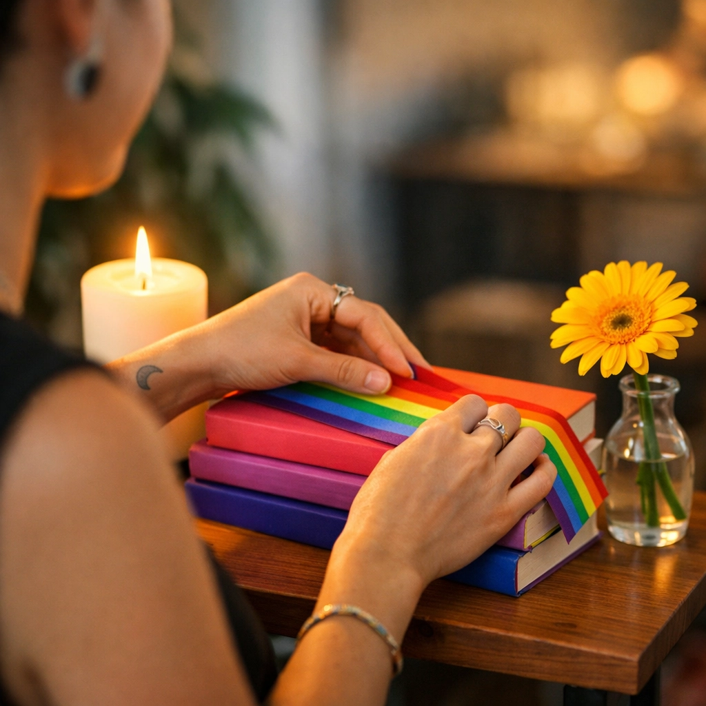 A queer woman creating a personal ritual with LGBTQ+ novels and a candle to find spiritual meaning.