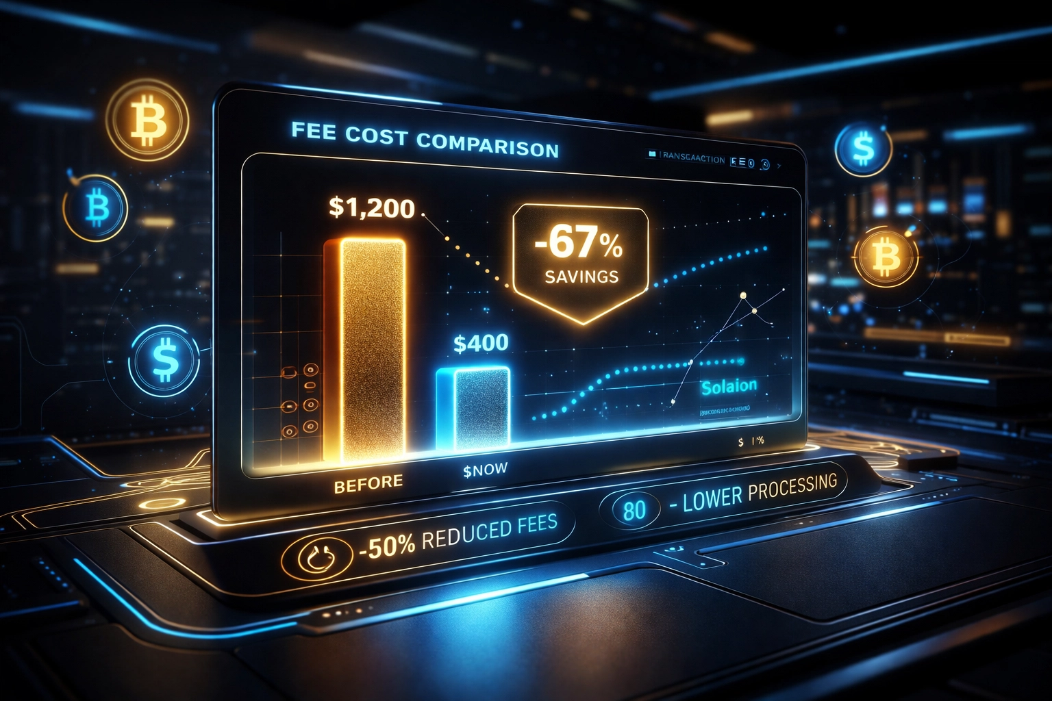 Futuristic merchant dashboard displaying crypto fee reductions and interchange savings with Larecoin payments.