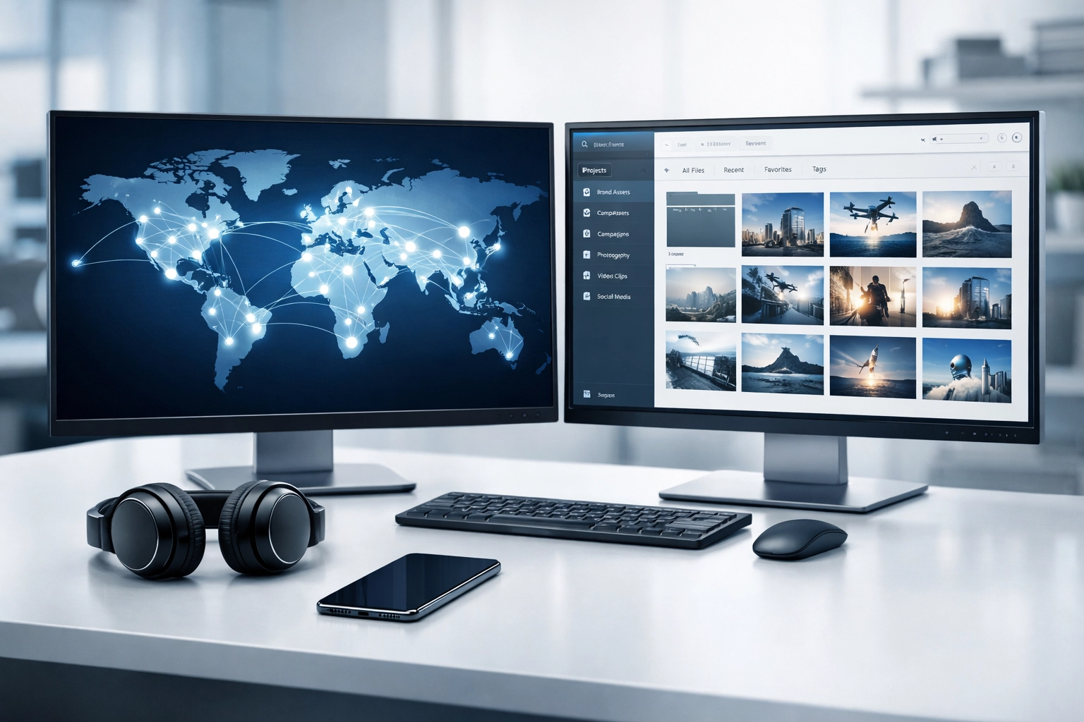 Modern workstation using digital asset management to scale brand reach through global media assets.