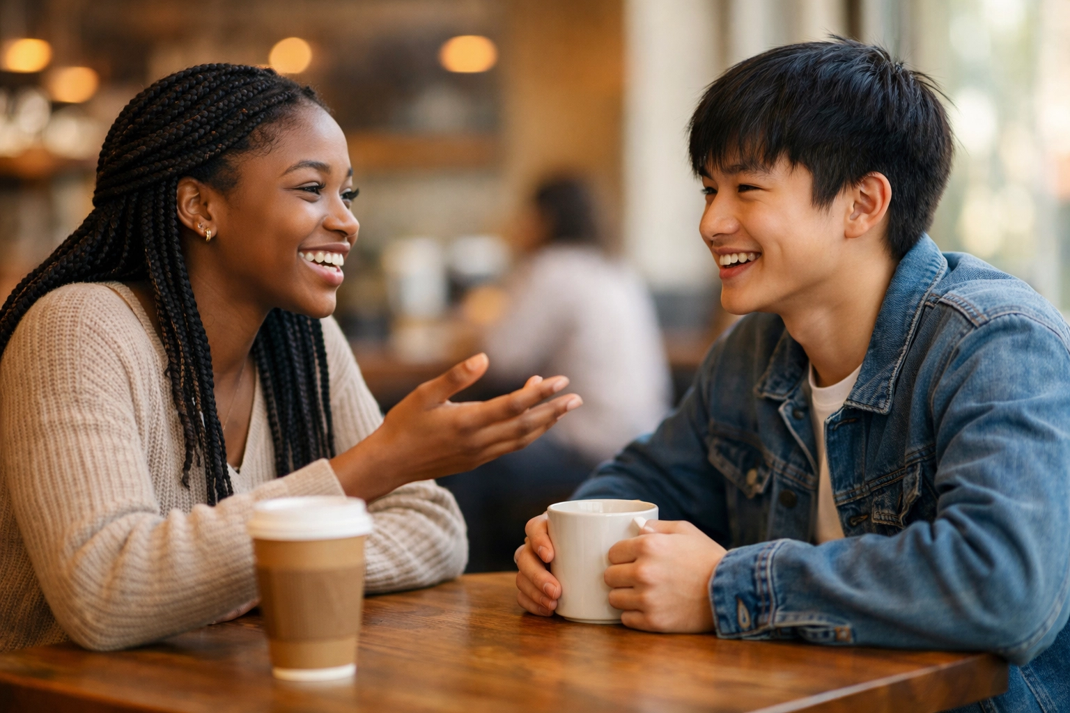 Two high school students developing communication skills through conversation