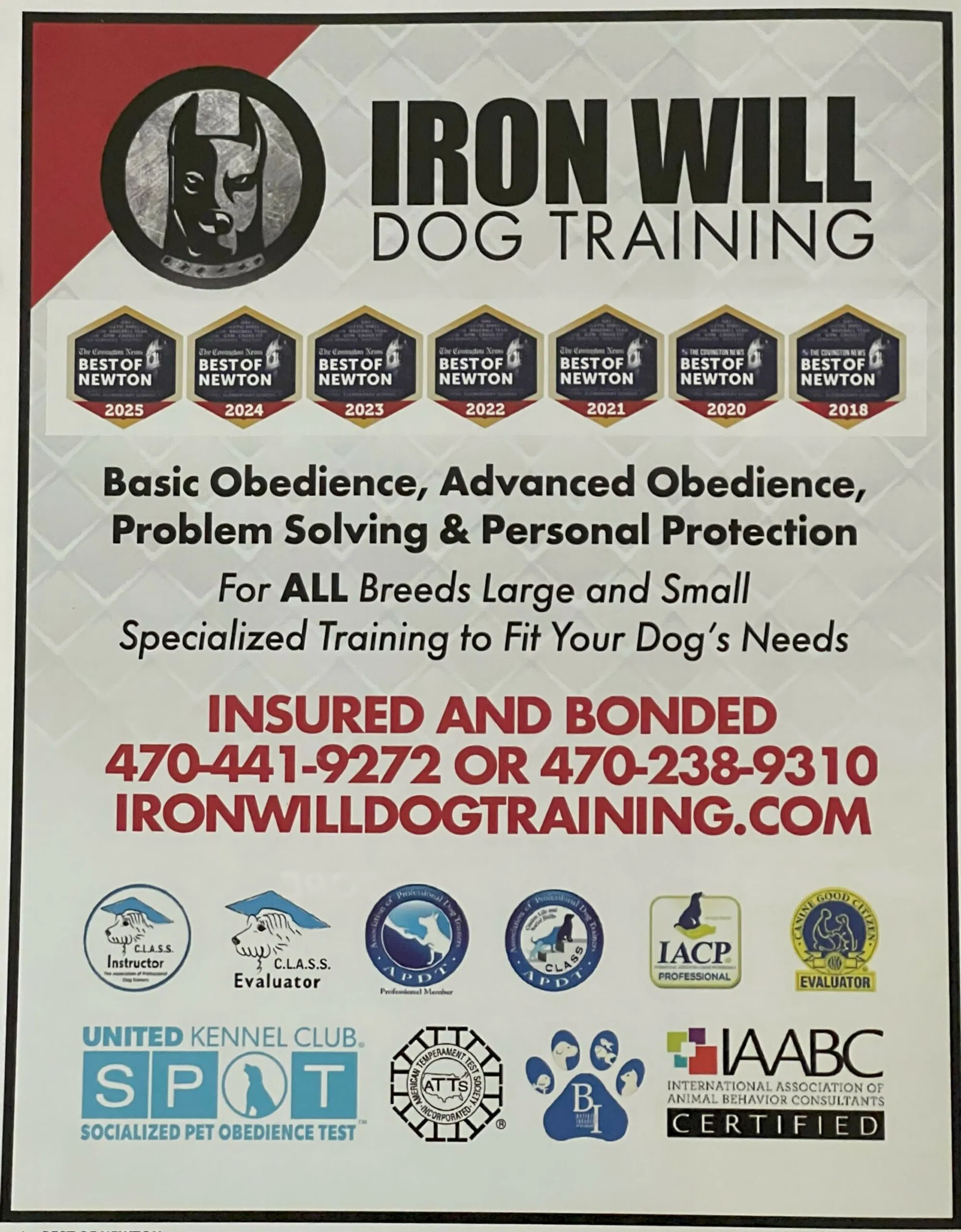 Iron Will Dog Training is a veteran-owned business with over 20 years of experience and multiple 'Best of Newton' awards.