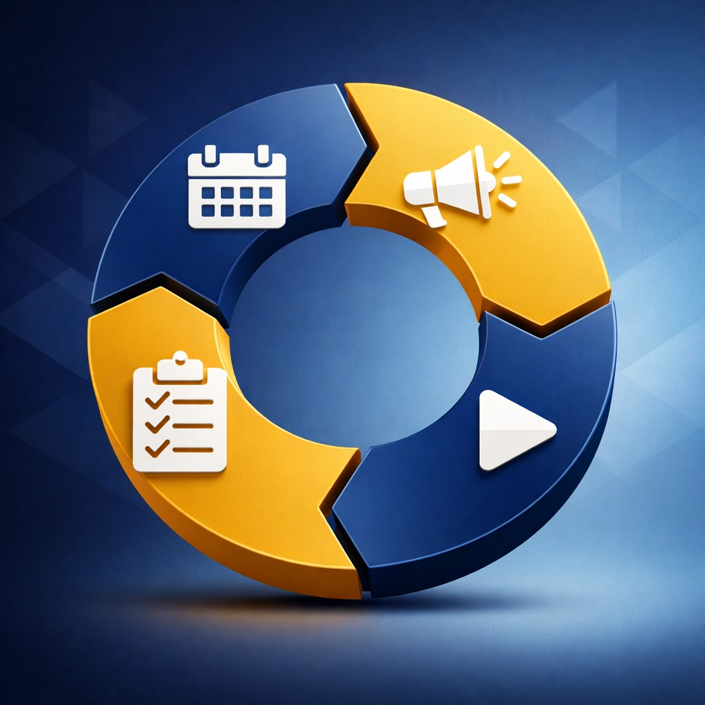 Plan-Brief-Execute-Debrief cycle diagram showing repeatable fundraising execution process