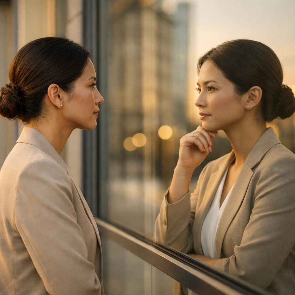 Professional examining reflection in glass window representing self-awareness and identifying emotional gaps