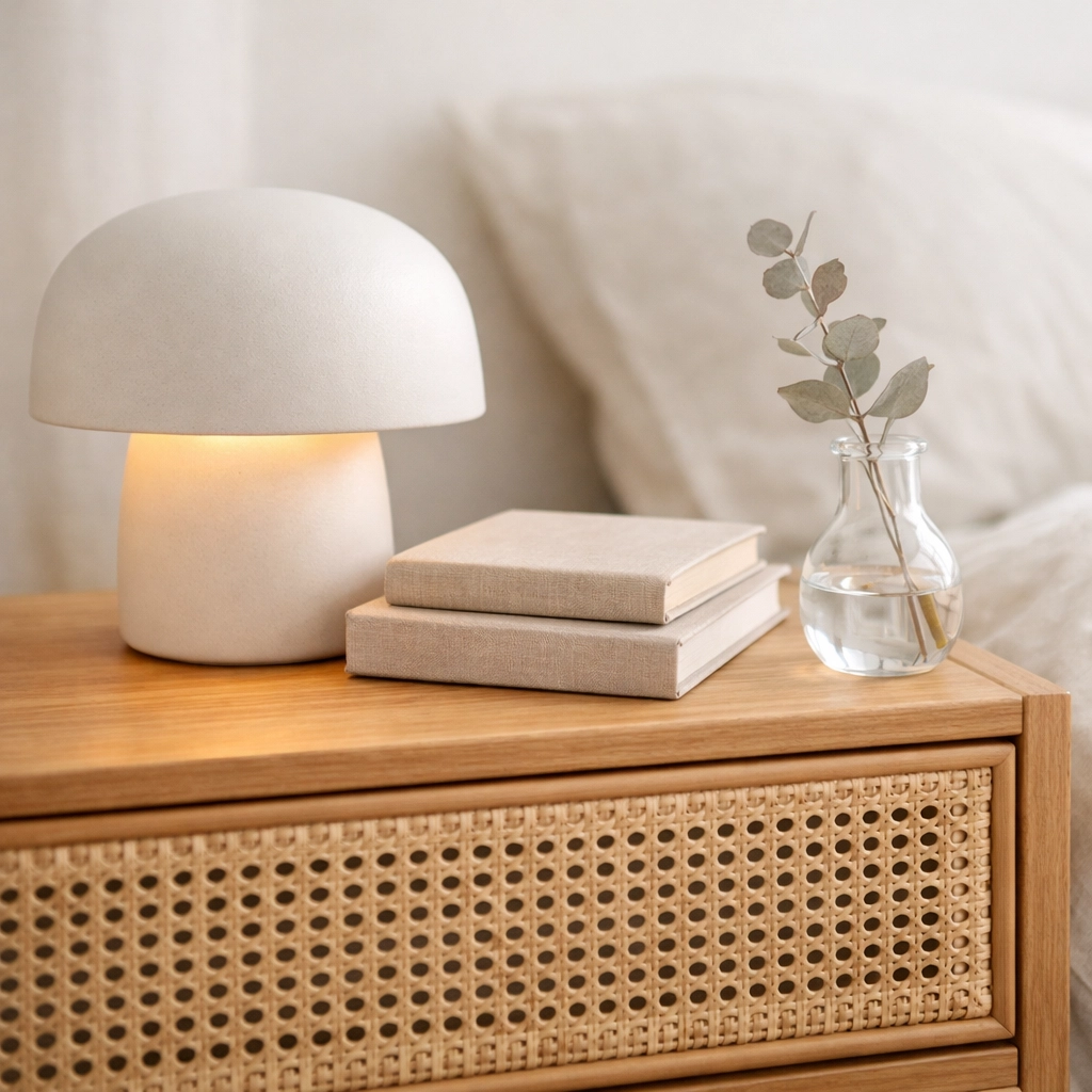 Close-up of a styled rattan nightstand with a ceramic lamp and organic decor for a boho-modern look.