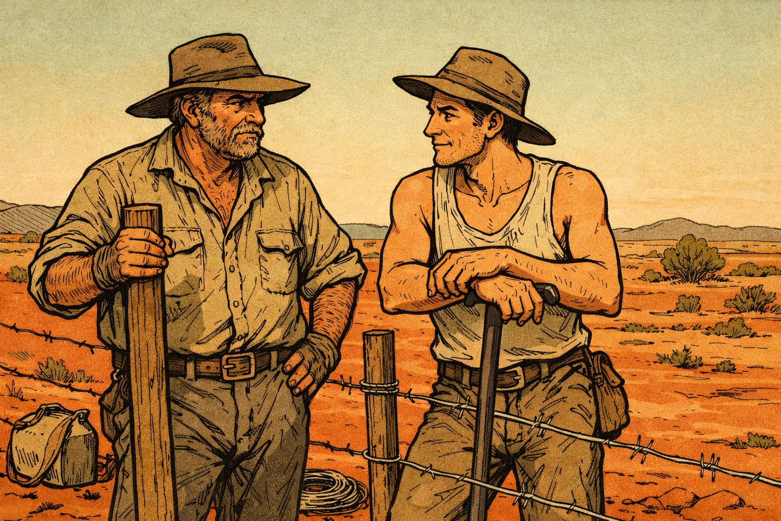 Station owner and young ringer working together on 1900s Queensland sheep station