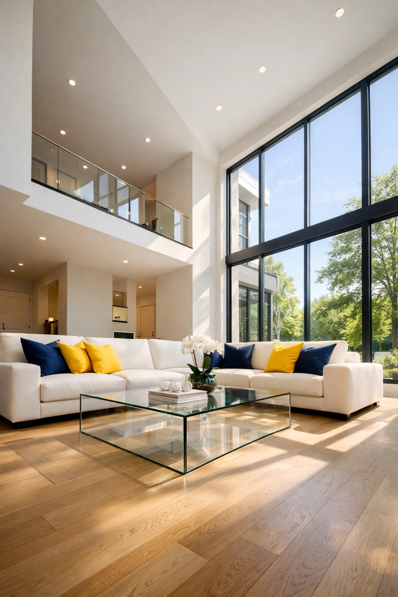 Pristine Wellesley living room with polished hardwood floors and white sofas, reflecting luxury residential cleaning.