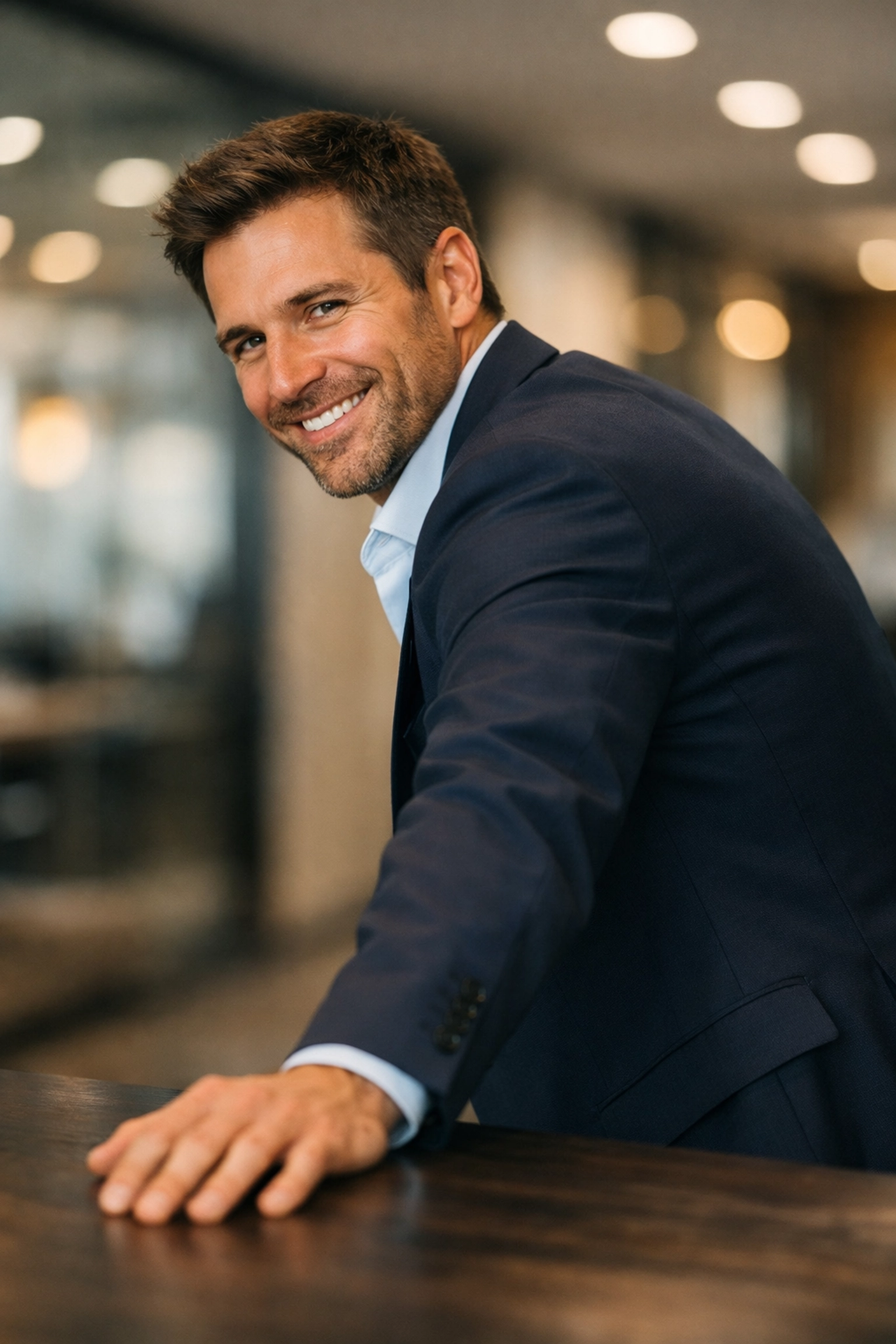 Professional corporate headshot tips for posing at an angle to appear more confident and engaged.