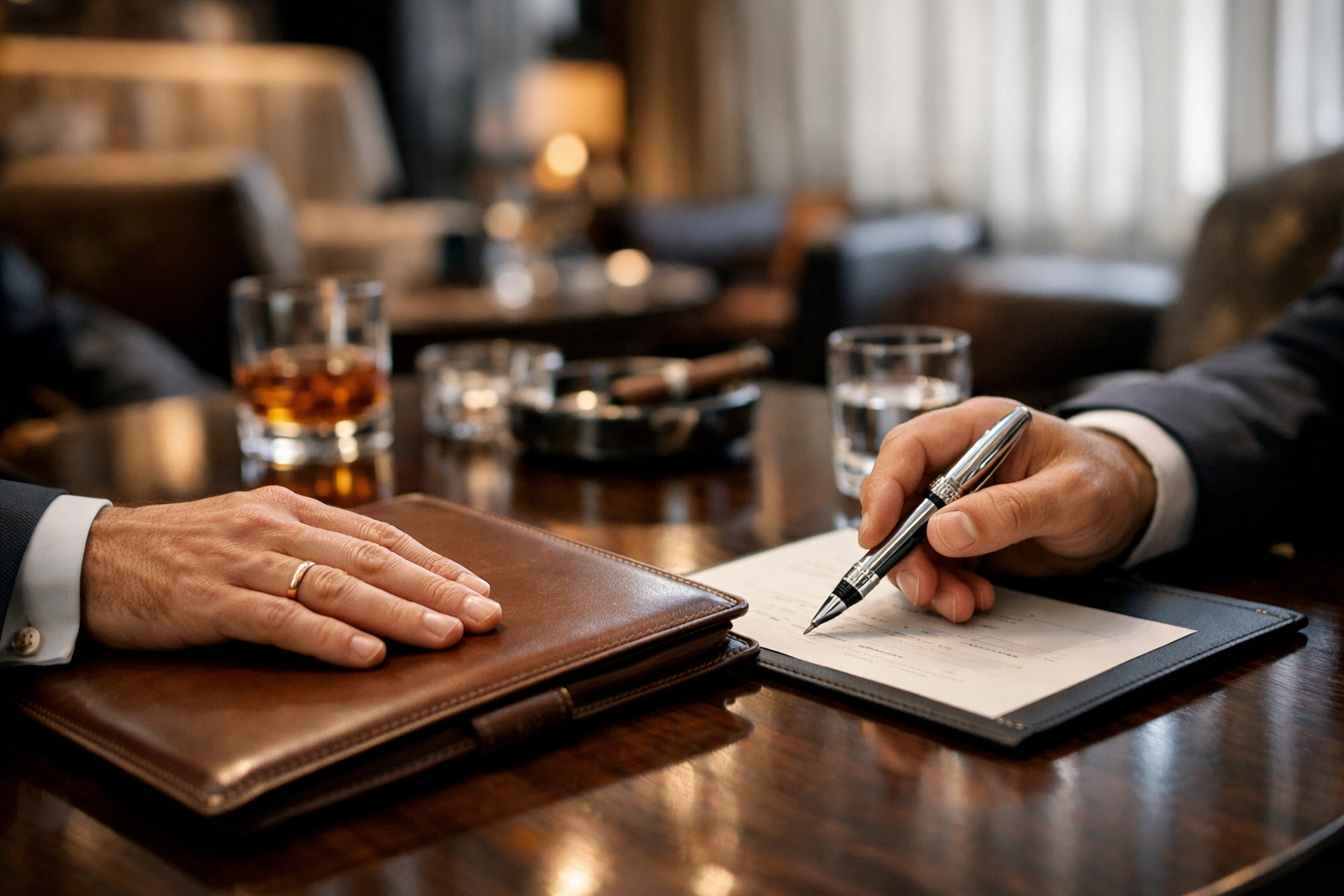 Professional luxury watch dealer closing a deal for a rare timepiece in an elegant lounge.