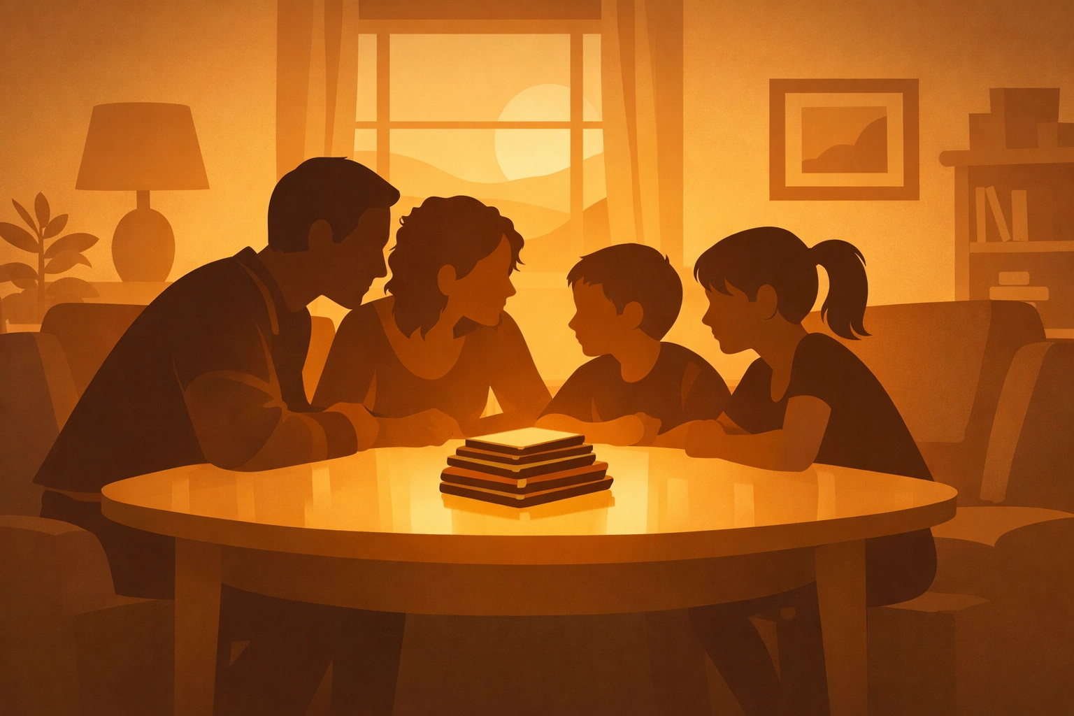 Family gathered around table with devices set aside, focused on conversation and connection