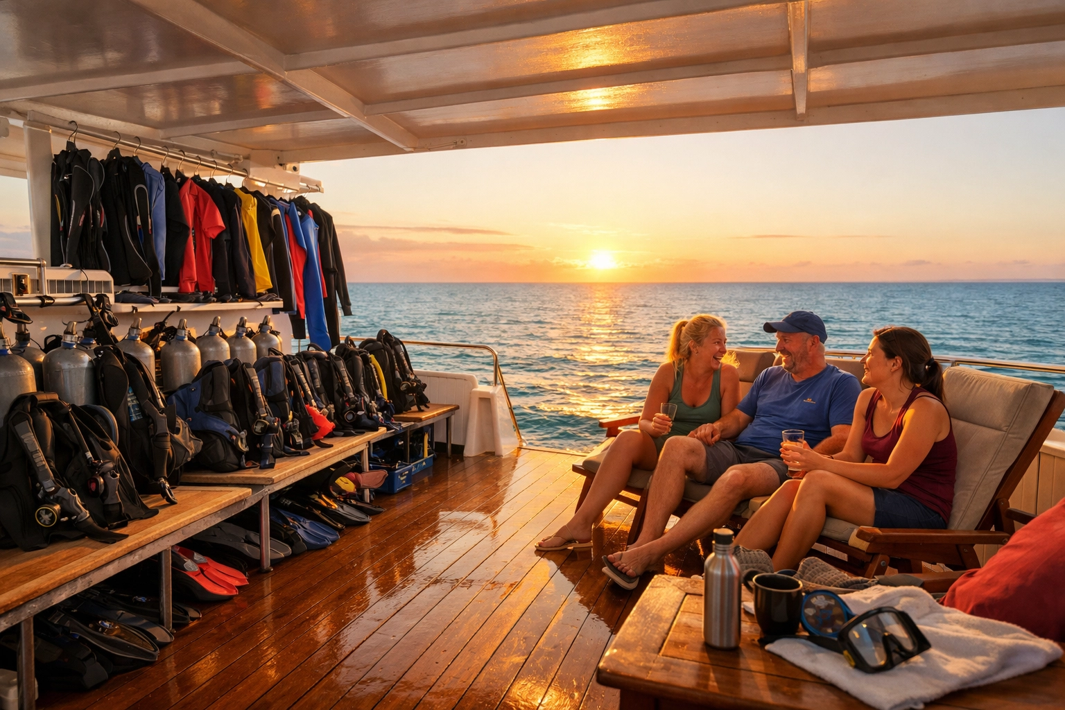 Divers relaxing on liveaboard dive boat deck at sunset during surface interval