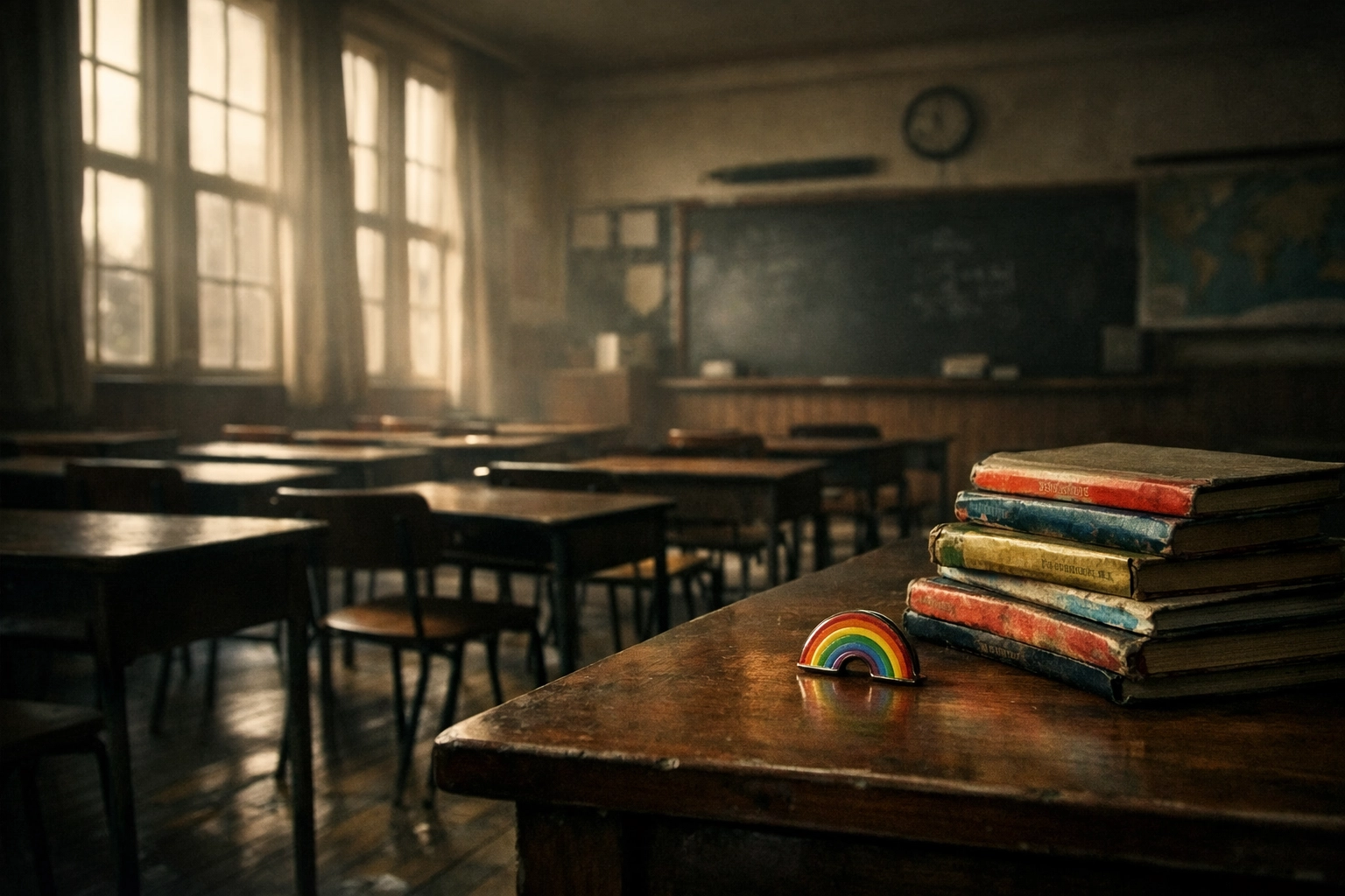 Empty 1980s UK classroom with rainbow pin representing Section 28 silencing of LGBTQ+ education