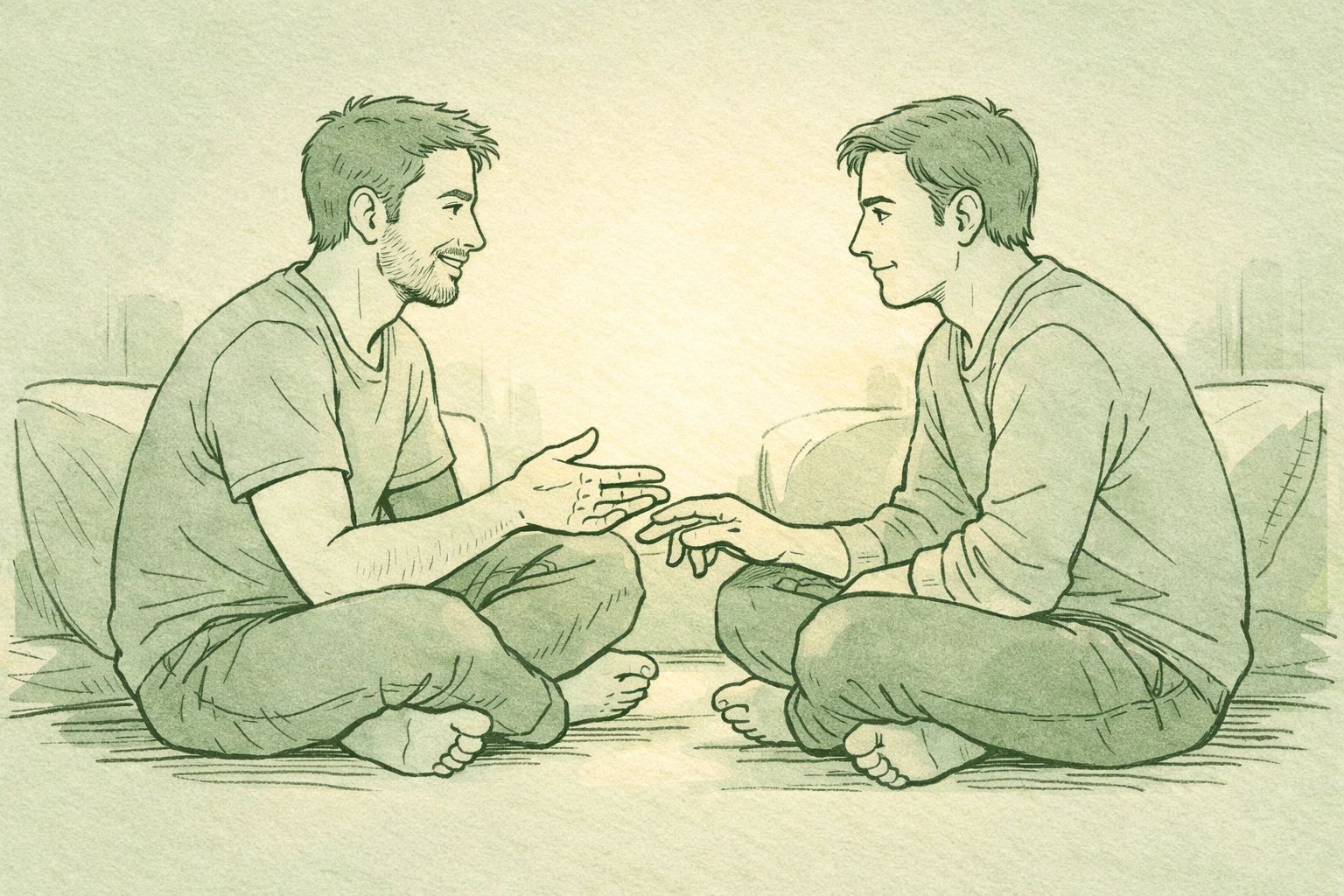 Two men engaging in intimate conversation using structured couple therapy techniques
