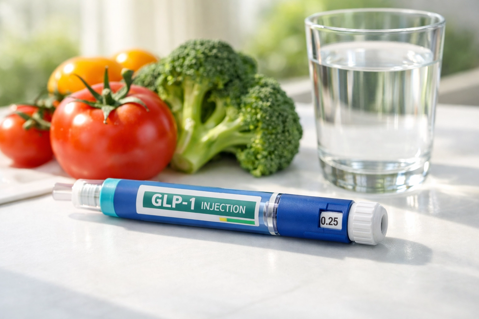 GLP-1 injection pen with healthy foods and water for weight management lifestyle
