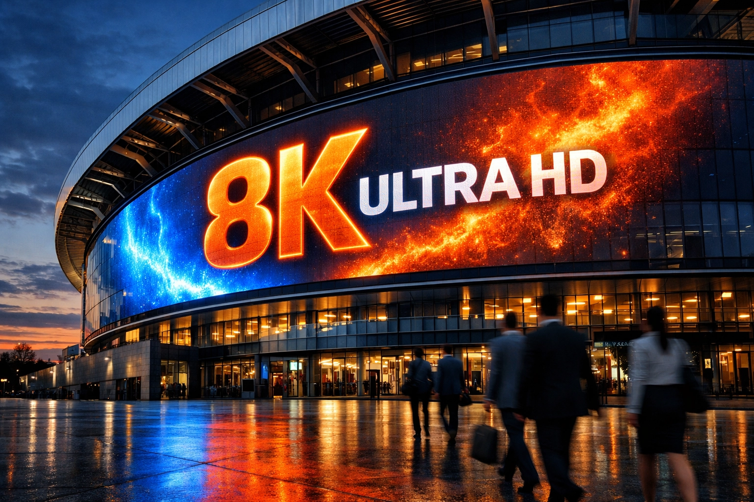 Massive digital LED screen on a modern stadium exterior showing agile OOH advertising for the Super Bowl.