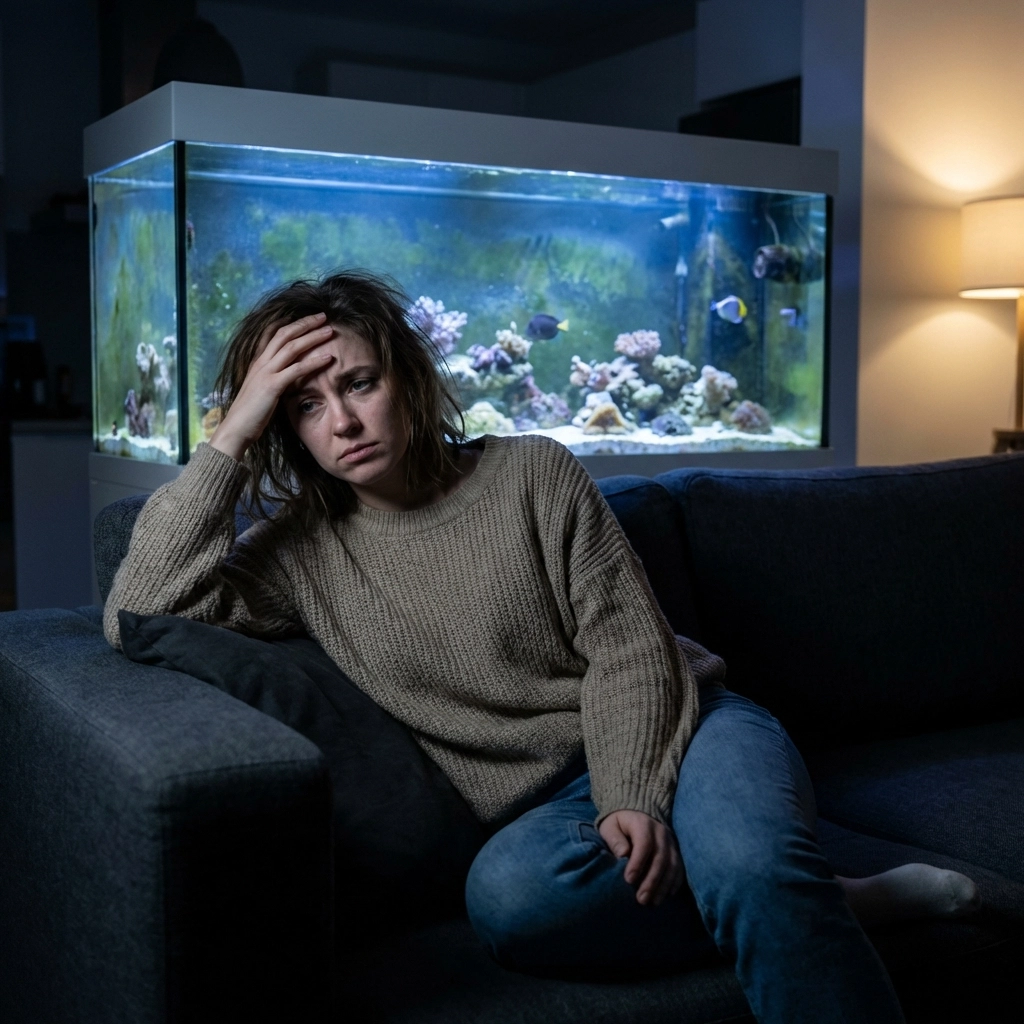 Stressed woman looking at an algae-covered saltwater aquarium, showing the challenges of DIY maintenance