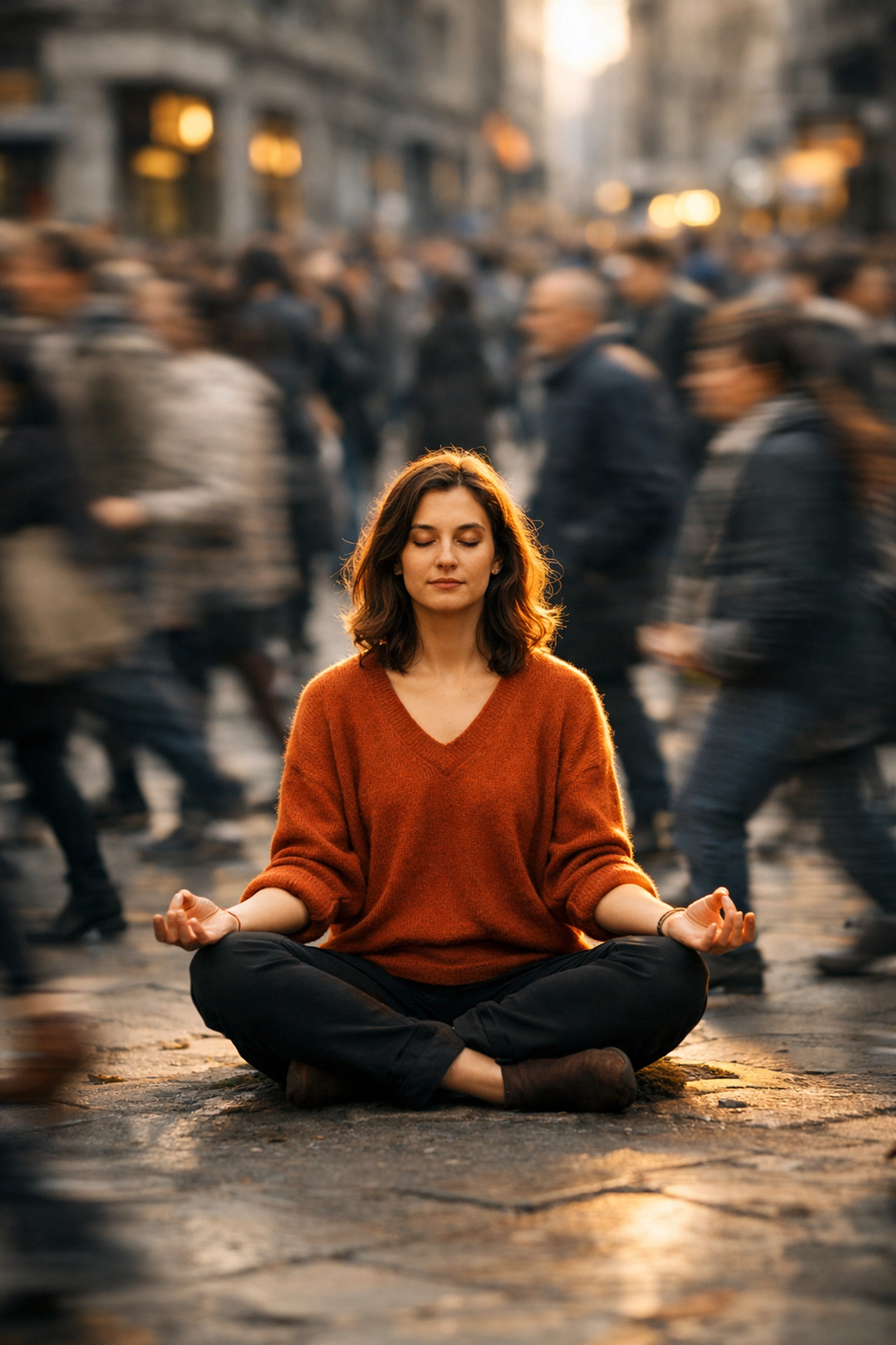 A person meditating in a busy city, illustrating burnout recovery and mental clarity through health coaching.