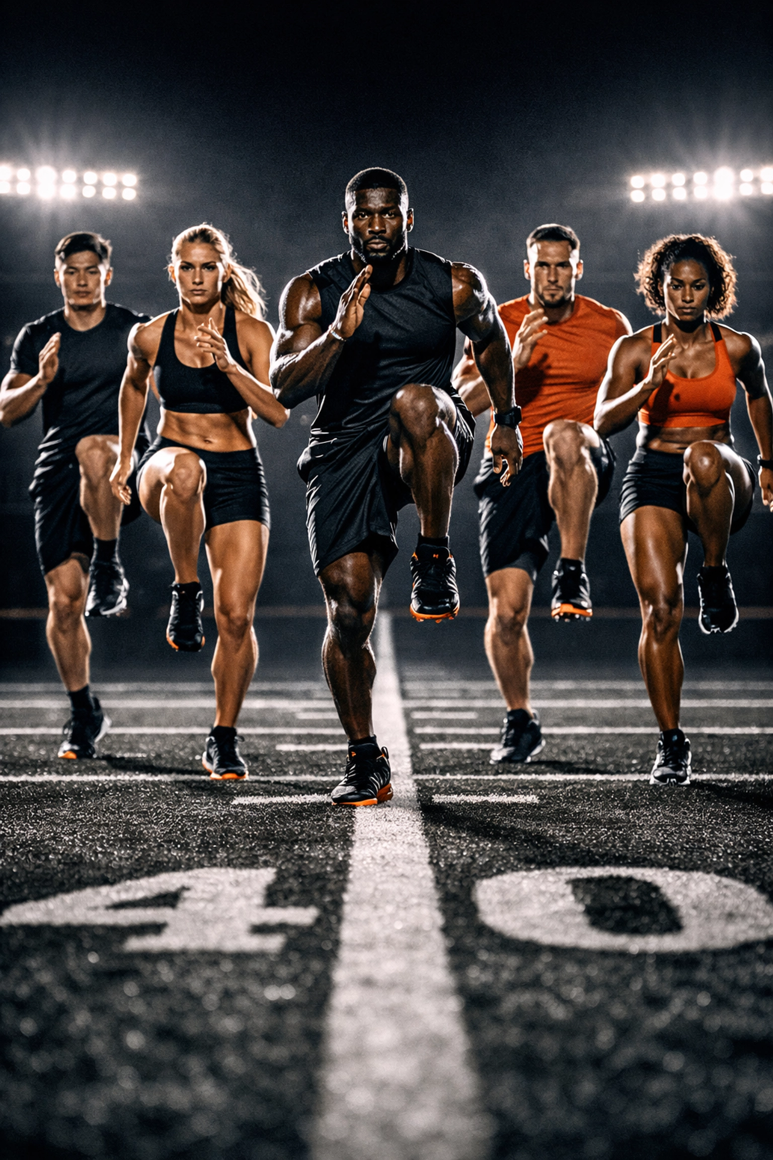 Athletes performing high-knee dynamic drills to master the drive phase and improve sprint cycle action.