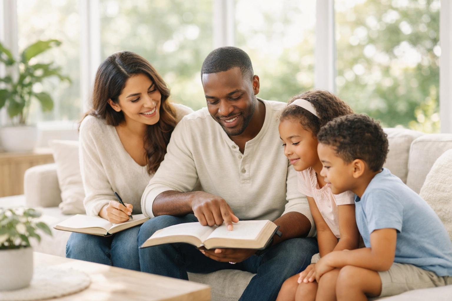 Diverse family reading the Bible together to find the Peace of God and inner tranquility.
